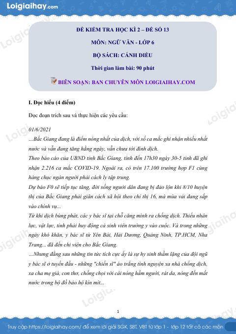 Đề thi học kì 2 Văn 6 Cánh diều - Đề số 13